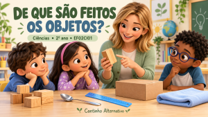Professora e crianças observando objetos de diferentes materiais em uma aula de Ciências.