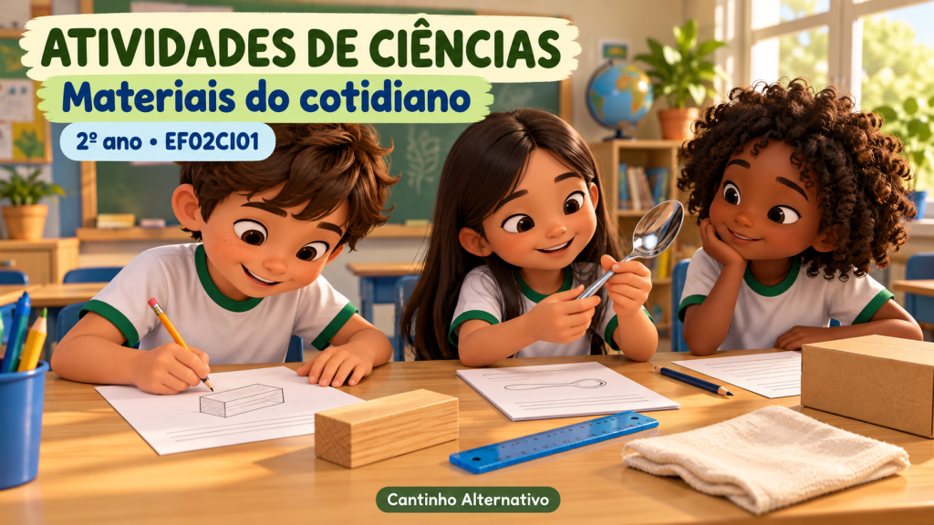 Crianças observam objetos de diferentes materiais e registram descobertas em uma aula de Ciências.