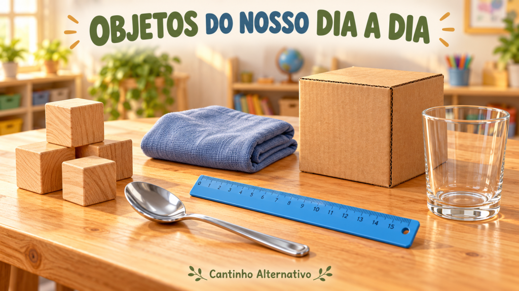 Blocos de madeira, colher de metal, régua de plástico, tecido, caixa de papelão e copo de vidro sobre uma mesa.