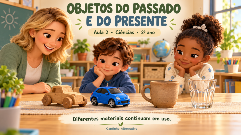 Professora e crianças observam carrinhos de madeira e plástico e recipientes de cerâmica e vidro para comparar materiais dos objetos.