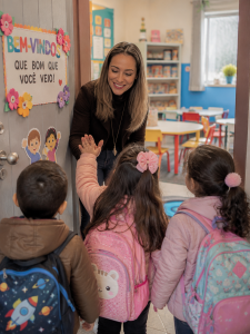 Professora recebendo os alunos na volta às Volta às aulas após as férias na Educação Infantil.