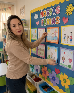 Professora colando atividades de volta às aulas no mural