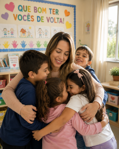  Professora abraçando as crianças durante a volta às aulas após as férias na Educação Infantil.