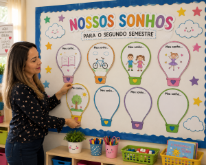 Professora colando atividades dos alinhos no mural nossos sonhos