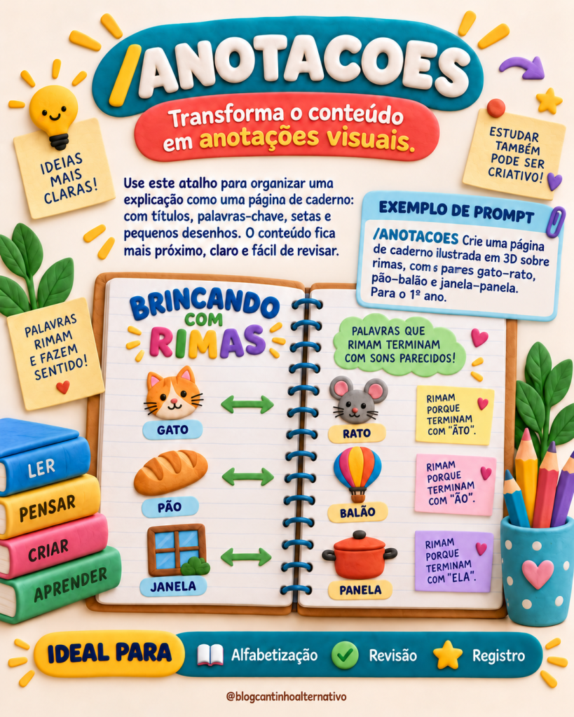 Anotações visuais com as rimas gato e rato, pão e balão, janela e panela