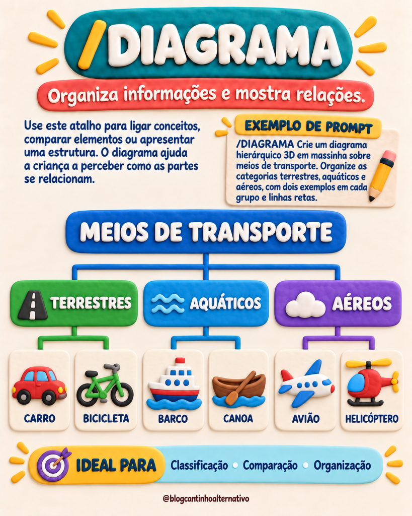 Diagrama dos meios de transporte terrestres, aquáticos e aéreos