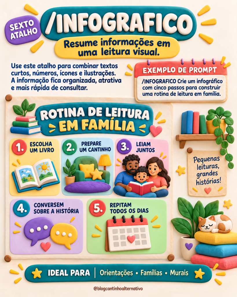 Infográfico com cinco passos para uma rotina de leitura em família