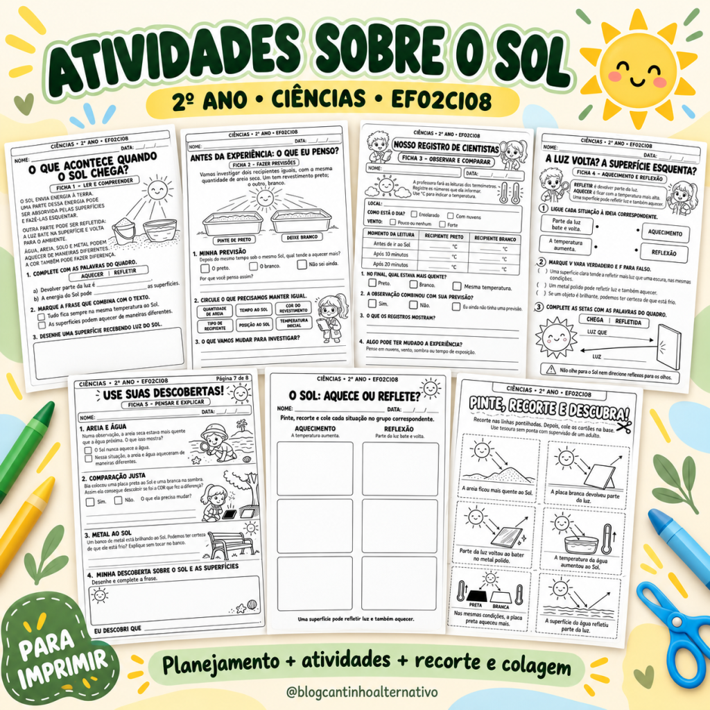 Atividades de Ciências sobre aquecimento e reflexão para o 2º ano, com fichas ilustradas e recorte e colagem