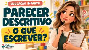 Ilustração de professora registrando observações enquanto crianças brincam na Educação Infantil
